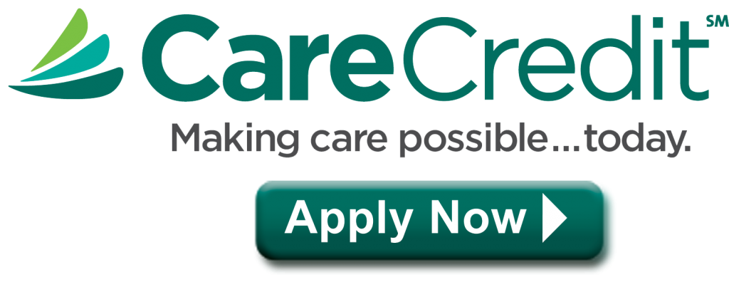 CareCredit logo with "Making care possible...today" tagline and "Apply Now" button for dental financing.