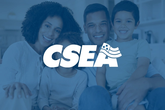 Happy family smiling together in casual setting with CSEA logo overlay.