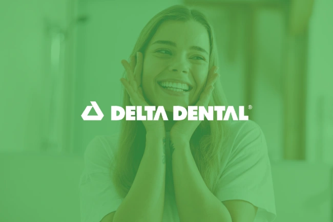 Smiling woman displaying perfect teeth with Delta Dental logo overlay on green background.