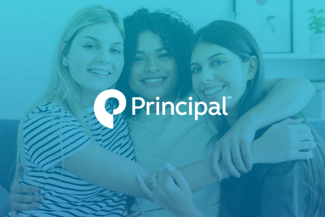 Three smiling women embrace warmly with Principal logo overlay on blue background.